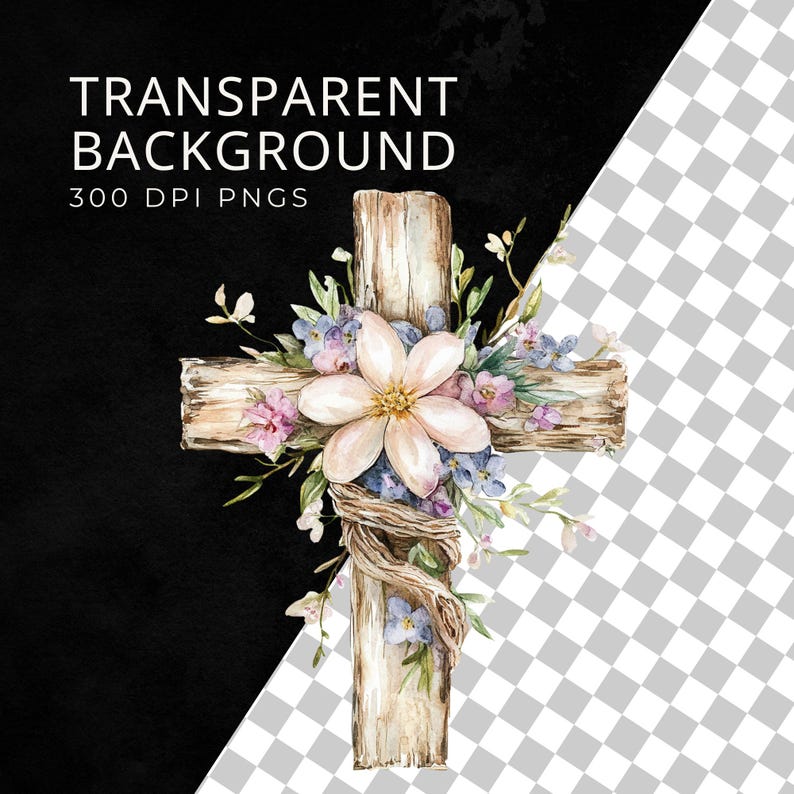 May include: A wooden cross with a floral wreath of pink, white, and purple flowers. The cross is decorated with a brown vine.