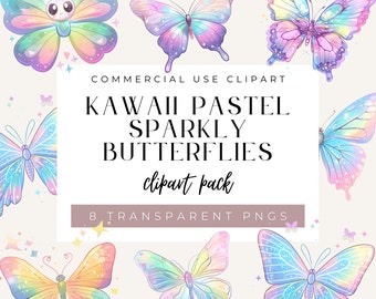 Kawaii Butterfly Clipart, Kawaii Pastel Butterflies PNG, Butterfly Png, Pink & Purple Butterfly Clipart, Kawaii Clipart PNG, Junk Journal
