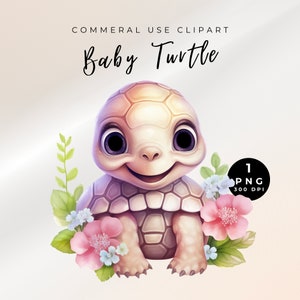 Baby Turtle With Flowers, Baby Turtle PNG, Floral Turtle, Nursery Illustration, Turtle Clipart, Pond Life Clipart, Watercolor Baby Turtle