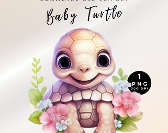 Watercolor Baby Turtle Clipart: Floral Nursery Illustration (PNG)