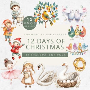 12 Days Of Christmas clipart, aquarel graphics, vakantie crafting afbeelding, leuke vakantie ontwerpen, kerst clipart bundel, feestelijke clipart