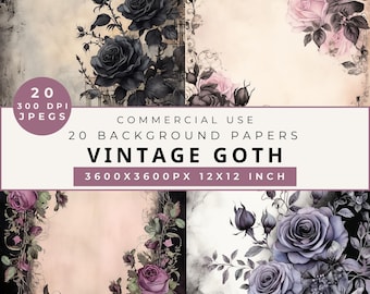 Vintage Goth Floral Digital Paper: Dark Grunge Backgrounds (Digital Download)