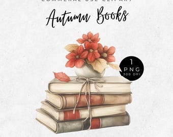 Autumn Book Stack Clipart: Rustic Floral PNG (Digital Download)