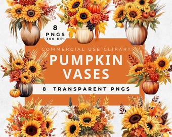 Autumn Pumpkin Floral Clipart: Watercolor Flowers, Leaves (PNG Digital Download)
