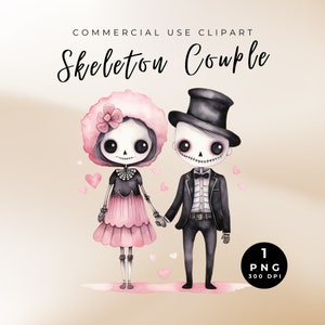 Skelett Hochzeit Clipart, Skelett Paar Clipart, Toten Skelett Liebe PNG, Gothic Clipart, Floral Skelett, Skelett Herz Clipart, Rosa PNG
