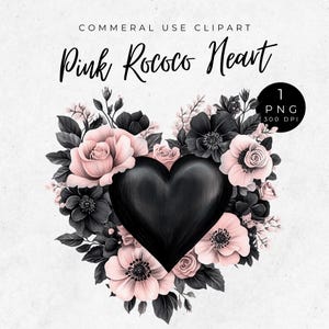 Gothic Blumen Herz Clipart, Illustrationen Dark Romance, Valentinstag digitaler Download, Rokoko Blumen Herz Clipart, Aquarell Blumen PNG