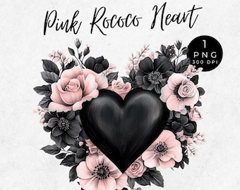 Clipart de corazón floral gótico: Romance oscuro rococó PNG (Descarga digital)