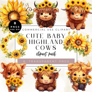 Watercolor Sunflower Highland Cows Collection Clipart, Baby Cow Clipart Bundle, Baby Animal, Commercial Use, Digital Download, Easter PNG