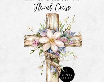 Watercolor Floral Cross Clipart: Christian Easter PNG (Digital Download)