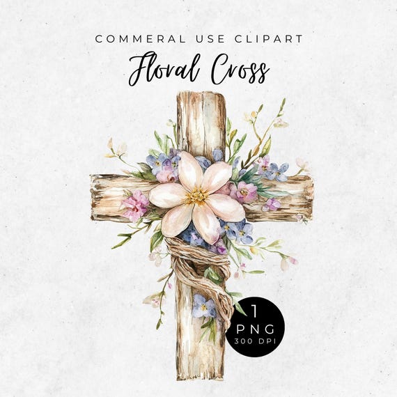 Watercolor Floral Cross Clipart: Christian Easter PNG (Digital Download)