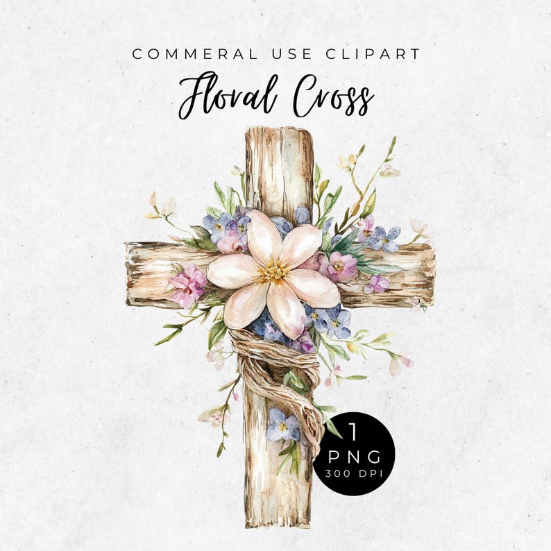May include: A watercolor illustration of a wooden cross decorated with pink, white, and blue flowers. The cross is surrounded by greenery and has a rustic, weathered look. The text "Floral Cross" is written above the image.