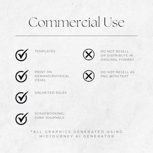 May include: A graphic with a list of commercial use permissions for digital artwork generated using Midjourney AI. The list includes check marks for "Templates", "Print on Demand/Physical Items", "Unlimited Sales", and "Scrapbooking, Junk Journals". It also includes an X for "Do not resell or distribute in original format" and "Do not resell as PNG with text".