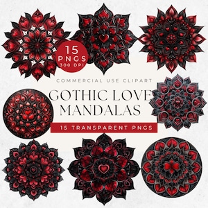 Mandala gótica em forma de coração, mandalas de amor pretas e vermelhas, arte de mandala escura e temperamental, mandala de coração floral, clipart de dia dos namorados, materiais de artesanato