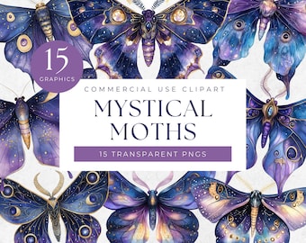 Watercolor Mystical Moth Clipart: Celestial Boho PNG Graphics (Digital Download)