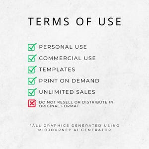May include: White background with the text "TERMS OF USE" at the top. The text lists the permitted uses: personal, commercial, templates, print on demand, and unlimited sales. A red "X" indicates the item cannot be resold or distributed in its original format.