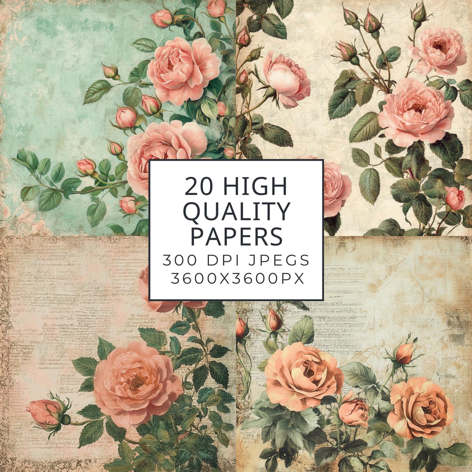 Vintage Cabbage Rose Digital Paper: Floral Junk Journal (digital ...
