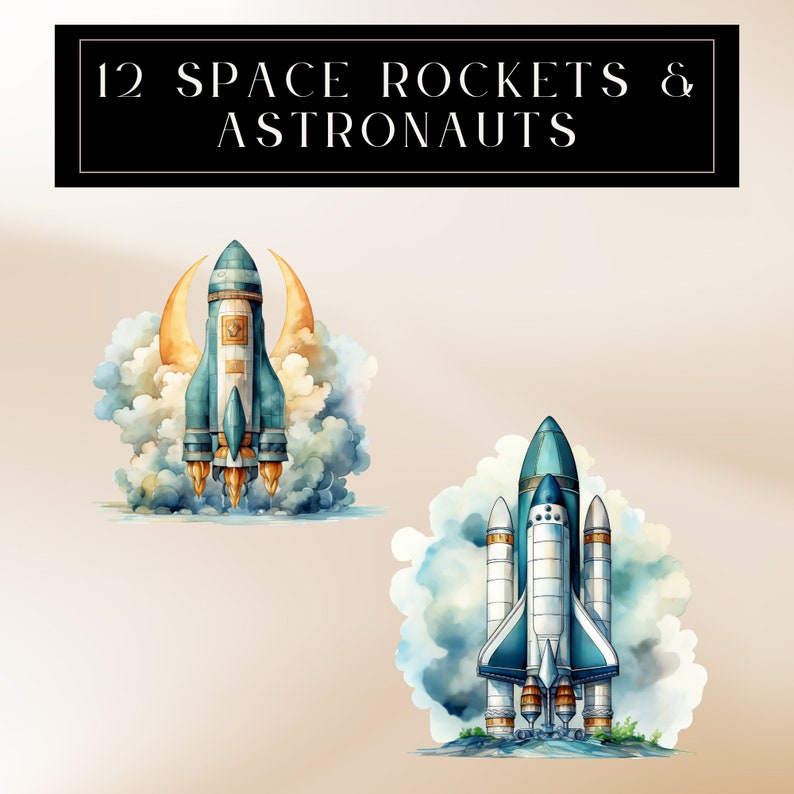 Watercolor Space Clipart Bundle: Rocket & Astronaut PNG (digital ...