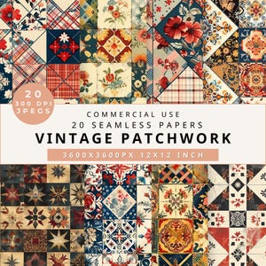 May include: A collection of 20 vintage patchwork seamless patterns in a variety of colors and designs. The patterns are 3600 x 3600 pixels and 12 x 12 inches.