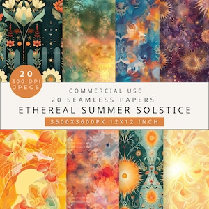 Sommersonnenwende Nahtlose Papiere, Sommersonnenwende Muster, Scrapbooking, Junk Journal, Ethereal Summer Papers, Kommerziell, Abstraktes Muster