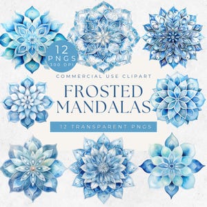 Blauwe mandala clipart, mandala clipart bundel, sublimatie illustraties, aquarel mandala's, blauwe mandala ontwerpen, pastel babyblauw, sneeuwvlok