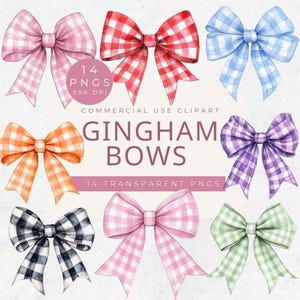 Blue Gingham Bow PNG, Pink Gingham Bow For Door, Grandmillennial Bows, Watercolor Gingham Bows Clipart, Cute Bow PNG, Bridal Shower Décor