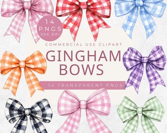 Watercolor Gingham Bow Clipart: 14 PNG Graphics (Digital Download)