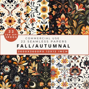 Autumn Digital paper Set, Watercolor Autumn Leaves Digital Paper Pack, Scandinavian Folk Art Seamless Pattern, Autumn Floral Seamless, Fall