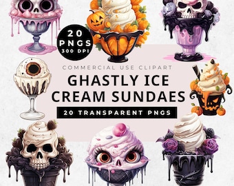 Halloween Ice Cream Sundae Clipart: Skull & Pumpkin PNGs (Digital Download)