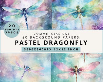 May include: A set of 20 digital paper backgrounds featuring watercolor illustrations of pastel-colored dragonflies on a light blue, pink, and purple background with white speckles. The papers are 3600 x 3600 pixels and 12 x 12 inches.