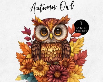 Watercolor Autumn Owl Clipart: Fall Floral PNG (Digital Download)