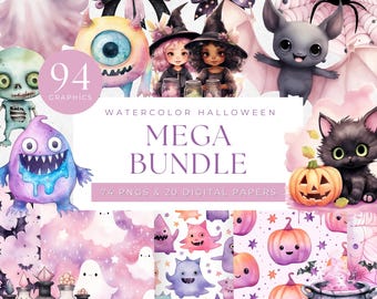 Clipart de Halloween rosa pastel, Fantasma fofo PNG, Arte assustadora em aquarela, Gráficos femininos de Halloween, Padrão sem emenda de abóbora, Bruxa fofa PNG