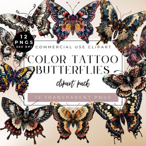 May include: A set of 12 colorful tattoo style butterfly illustrations. The butterflies are in various poses and have intricate details. The text "COLOR TATTOO BUTTERFLIES clipart pack 12 TRANSPARENT PNGS" is at the bottom of the image.