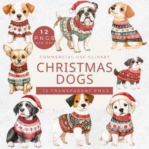 Clipart Noël races de chiens, clipart aquarelle chiens de Noël, lot de chiots mignons festifs, scrapbooking, impressions numériques, projets des fêtes