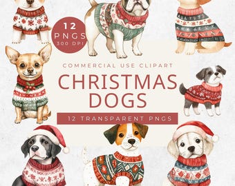 May include: Twelve watercolor illustrations of dogs wearing Christmas sweaters. The dogs are all different breeds and are wearing a variety of sweaters with different patterns. The illustrations are on a white background.