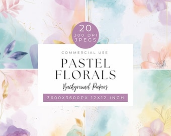 May include: A set of 20 digital paper backgrounds featuring pastel floral designs. The papers are 3600x3600 pixels and 12x12 inches. They are perfect for creating invitations, cards, and other digital projects.