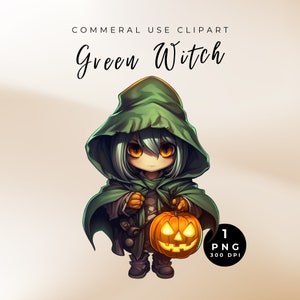 Clipart de abóbora de bruxa verde, clipart de bruxaria, PNG de Halloween, bruxa em aquarela, diário indesejado, clipart de bruxa mística, bruxa verde fofa PNG