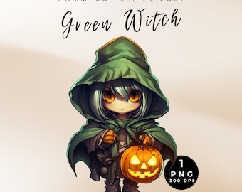 Green Witch Pumpkin Clipart, Witchcraft Clipart, Halloween PNG, Watercolor Witch, Junk Journal, Mystical Witch Clipart, Cute Green Witch PNG
