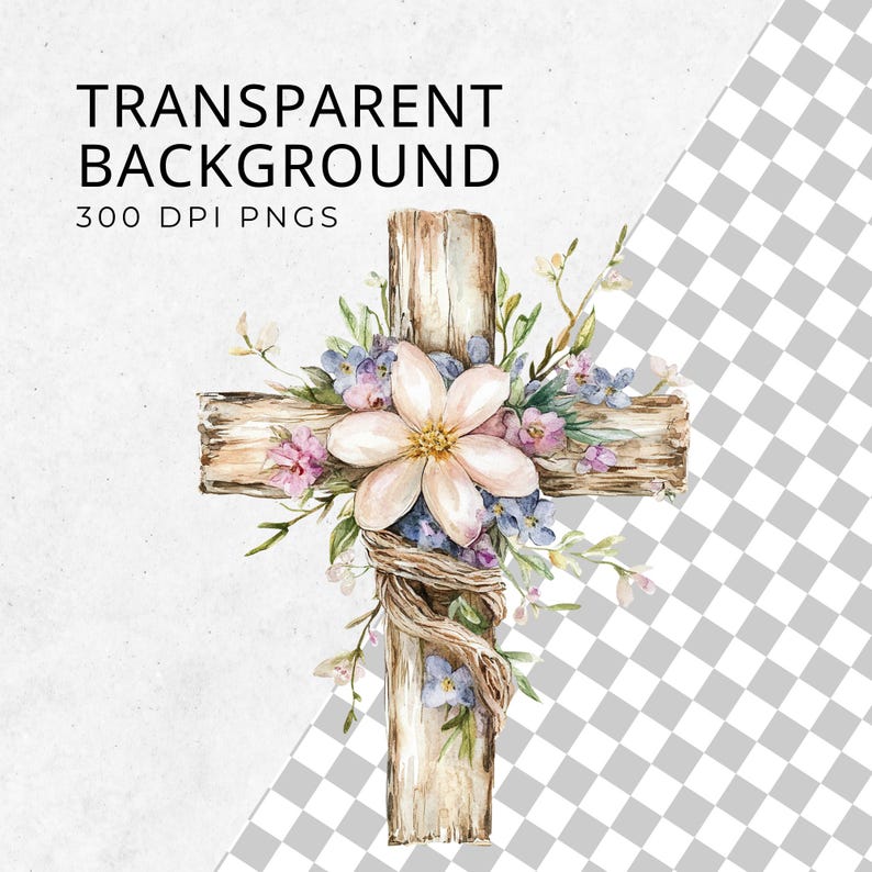 May include: A wooden cross decorated with a cluster of pink and purple flowers. The cross is made of rough-hewn wood and has a rustic appearance. The flowers are arranged around the center of the cross and are in full bloom.