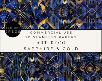 Sapphire And Gold Art Deco Digital Papers, Repeatable Elegant Digital Papers, Scrapbook Papers, Sapphire & Gold Art Deco Digital Patterns