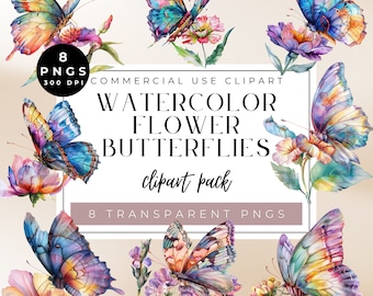 Watercolor Butterfly Clipart: Pastel Flower PNGs (Digital Download)