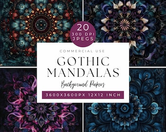 Papeles digitales de mandala gótico: estampados florales oscuros (30,5 x 30,5 cm)