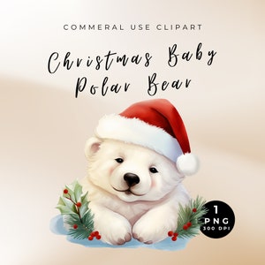 Watercolor Christmas Polar Bear Clipart, Cute Christmas Polar Bear, Christmas Wreaths Polar Bear, Polar Bear Christmas PNG, Winter Clipart
