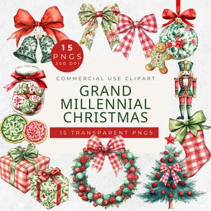 Grandmillenial kerstclipart, kerstclipart chinoiserie, blauw en rood toile-patroon, snoepriet png, preppy kerstmis, rode strik png