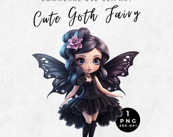 Cute Goth Girl Clipart, Cute Goth Fairy Clipart, Goth Fairy Art Phone Case, Goth fairy PNG, Black dress Fairy, Gothic Cute File, Fairy Wings