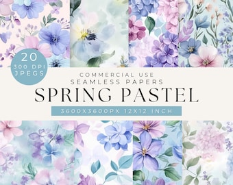 May include: 20 digital seamless patterns featuring watercolor floral designs in pastel shades of blue, purple, and pink. The patterns are 3600 x 3600 pixels and 12 x 12 inches.  Commercial use.