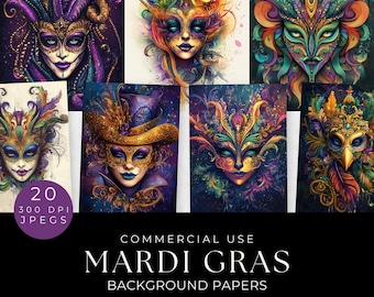 Mardi Gras Mask Digital Paper: Colorful Carnival Backgrounds (Digital Download)
