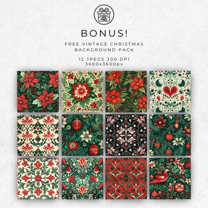 May include: A collection of 12 vintage Christmas background patterns. Each square design features festive elements like poinsettias, ornaments, and stylized floral arrangements in red, green, and cream colors. The image includes the text "BONUS! FREE VINTAGE CHRISTMAS BACKGROUND PACK".
