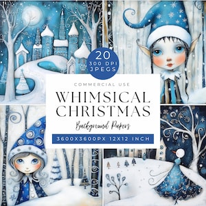Whimsical Christmas Digital Backdrop, Whimsical Christmas Clipart Watercolor Digital Paper, Printable Art For Card Making, Quirky Background