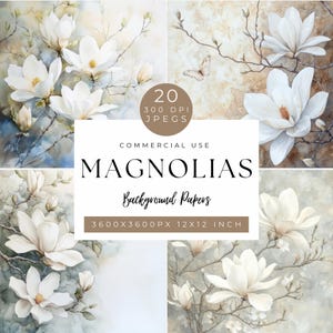 Op de afbeelding: Digitale achtergrondpapieren in aquarelstijl met witte magnoliabloemen. De afbeelding bevat de tekst "MAGNOLIAS Background Papers" en details over de bestandsgrootte en resolutie, 30,48 x 30,48 cm.