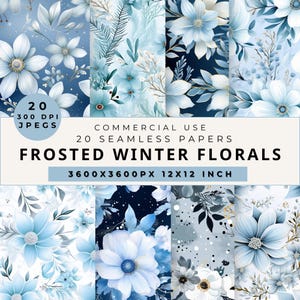 Aquarelle florale hiver bleu poudré, aquarelle Noël motif transparent, floral hiver papier numérique, papier de scrapbooking, papier peint pour verre